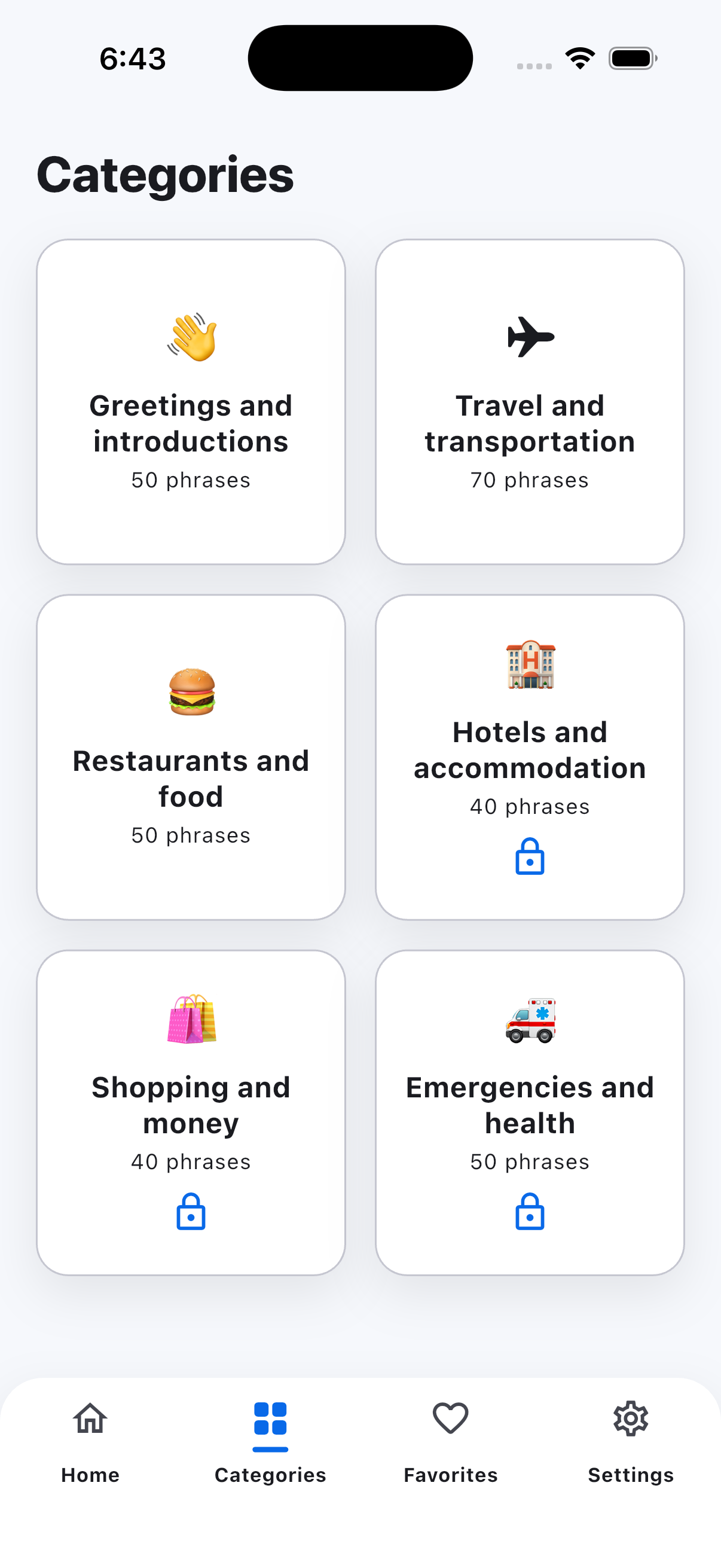 HeyLingo phrase categories screen