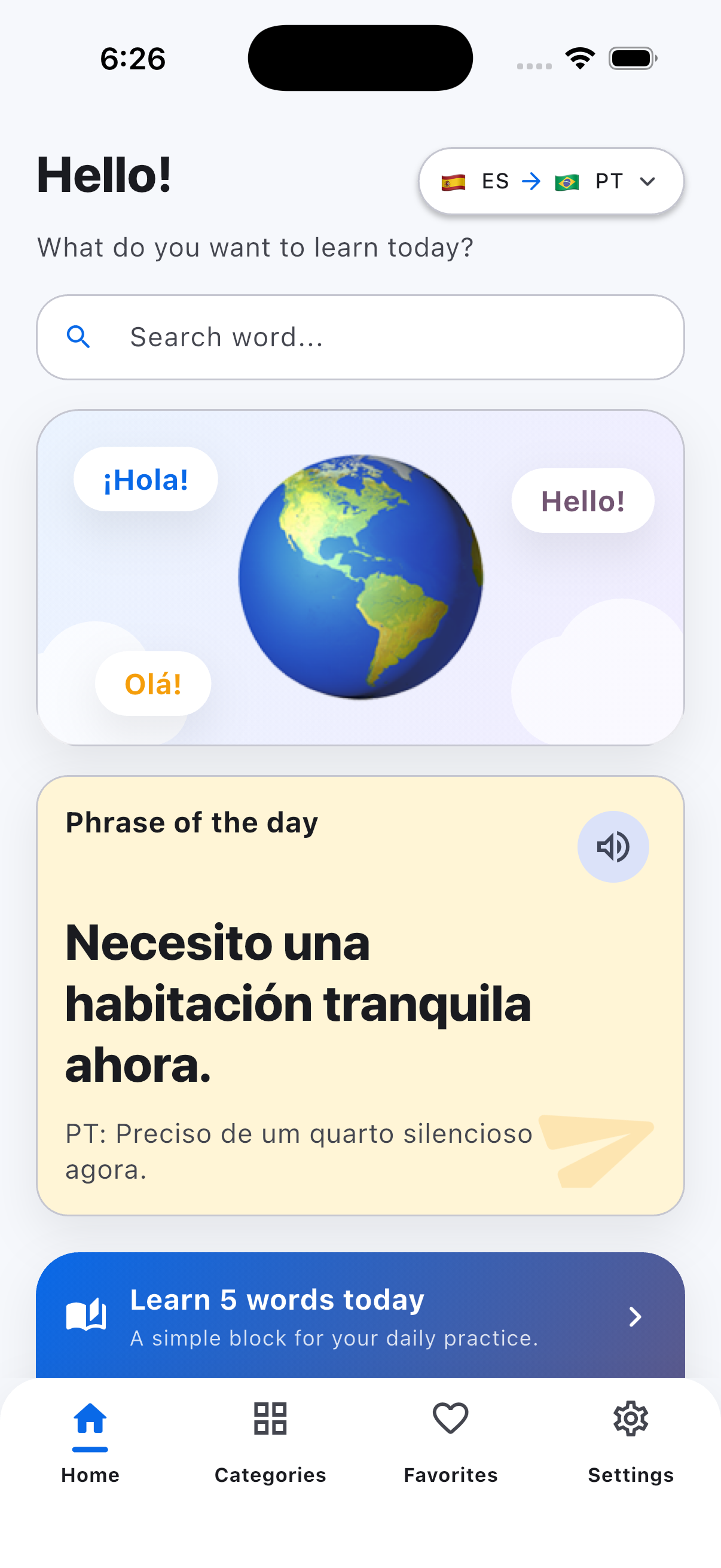 HeyLingo home screen showing daily words and practical phrases